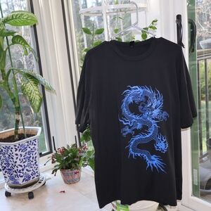 Black T-Shirt with Blue Dragon Graphic - Women